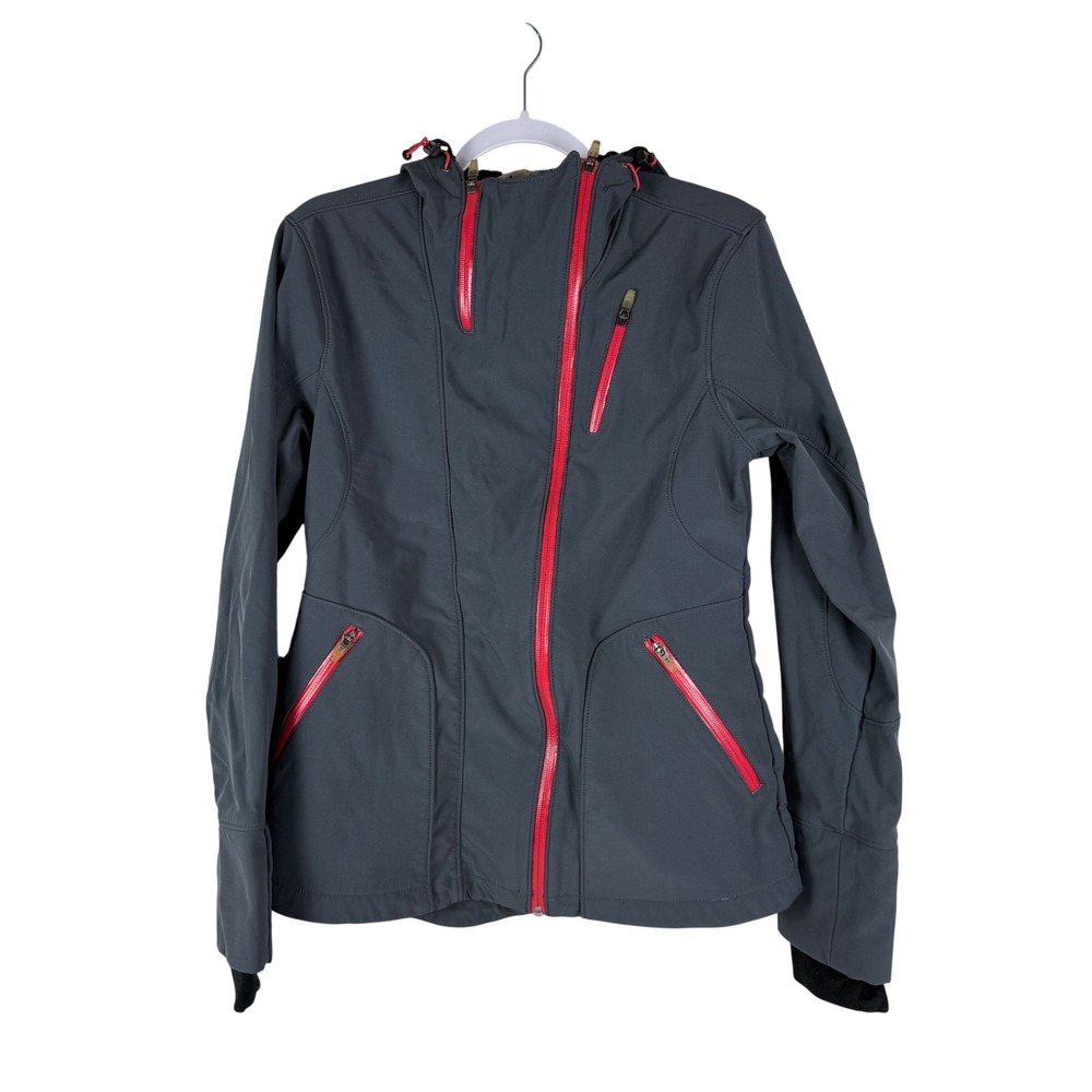 Athleta Womens Dolomite Jacket Size M Gray Red Softshell Hooded Ski Snowboard